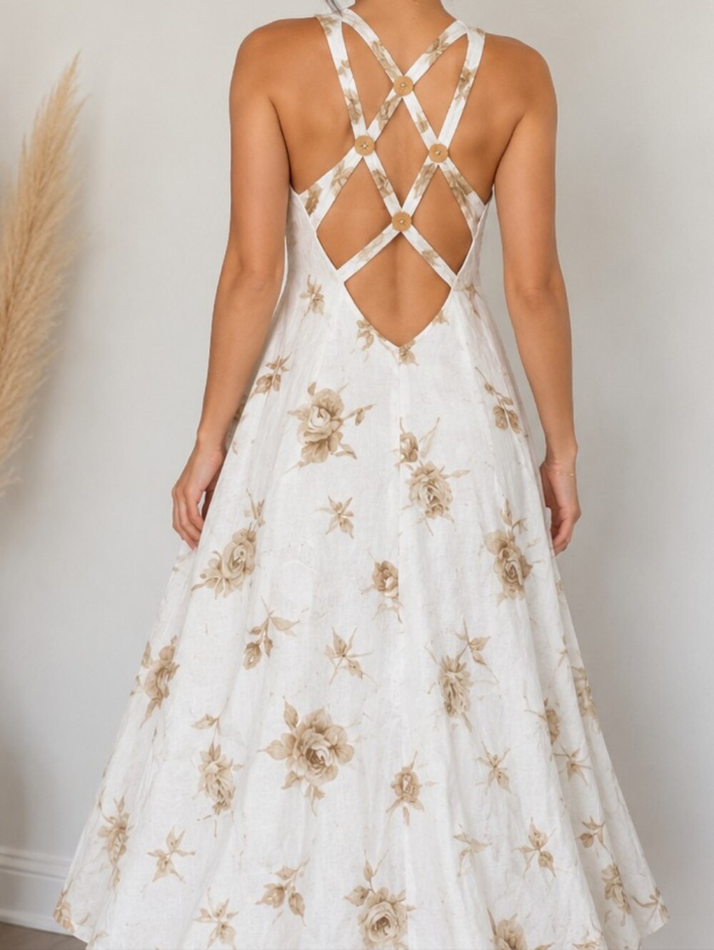 Together White Floral Button Front Dress, Criss Cross Backless Detail, W/Pockets